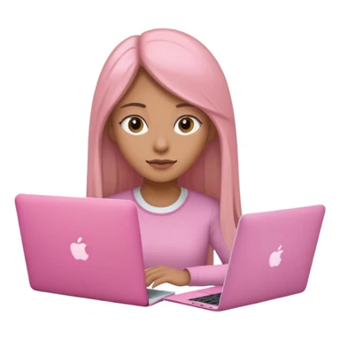 Mujer lacia peli larga y peli larga  en una MacBook rosa investigando y haciendo tareas con un libro de apuntes y con cara muy linda como modelo sticker