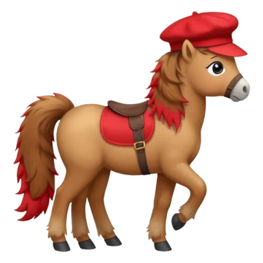 A cute pony (horse) emoji, full body, standing in side view, wearing a stylish red beret. sticker