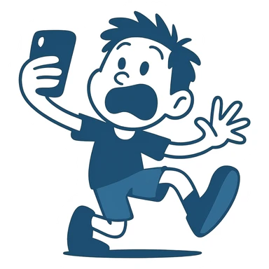 Make the boy's expression funny and exaggerated, keep the fun and expressive flat blue illustration style, no background. sticker