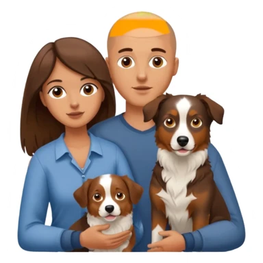 Man with shaved head holding woman with long brown hair and an Aussie dog sticker