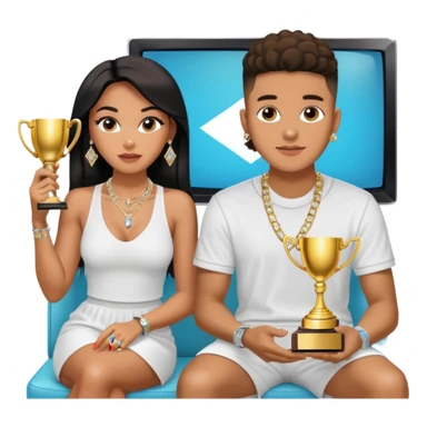 Internet celebrity Josh King Madrid jetset wearing shiny diamond earrings and sparkly iced out diamond tennis necklace chains with Instagram model girl tefi valenzuela sitting with him holding gold internet celebrity trophy on tv show in Miami sticker