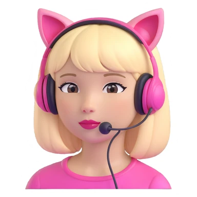 sassy blond girl with straight hair, short bangs, pink kitty-ear headset, pink lips, looking to the side sticker