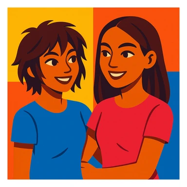 dos chicas, una con pelo corto desmechado en capas hasta la barbilla, castaña, piel morena; la otra con pelo lacio hasta el hombro, castaña, piel morena, estilo vibrant-toon sticker