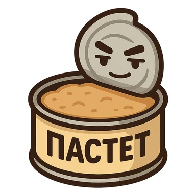 Minimal chibi open pâté tin can, visible pâté, masculine expression, confident calm face, thick black outline, flat colors, strong contrast, emoji sticker style, no background, 28px readable, Twitch emote, Cyrillic text "ПАСТЕТ" sticker