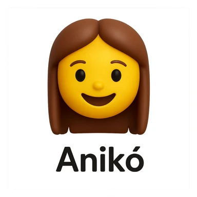 3D smiley emoji, girl style, long hair, smiling face, with the name 'Anikó' below in printed letters sticker