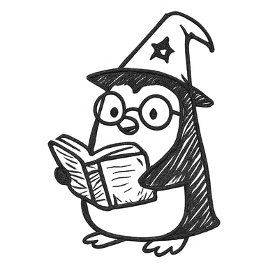hand-drawn style wise penguin wizard with glasses holding an ancient book sticker