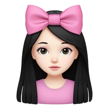 white girl, cute, black long straight hair, pink bow sticker
