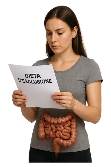 donna con intestino umano anatomico in evidenza che legge un foglio con la scritta "DIETA D'ESCLUSIONE, iperrealistica 4k sticker