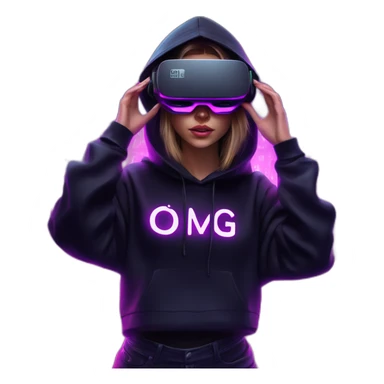 Russian girl wearing a black hoodie with "OMG" letters on it and VR headset in a cyberpunk VR environment with violet neon lighting. sticker