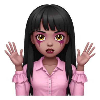 light-skinned Black zombie girl with long black hair and bangs, wearing a light pink blouse, with a cute pose sticker