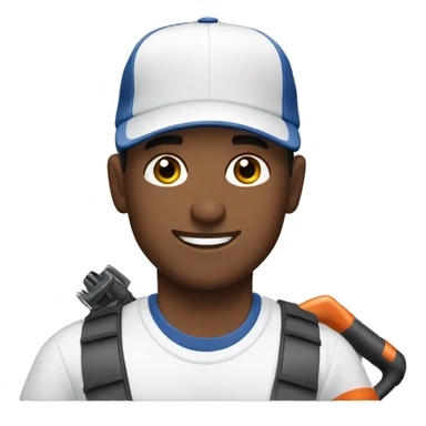 Brunette man with brown eyes and baseball hat holding a leaf blower sticker