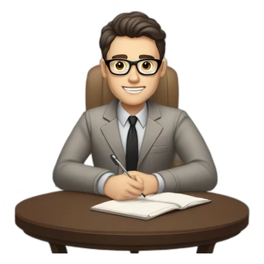 Pale skinned Fit Man With dark brown hair in gray jacket, beige office shirt and vintage glasses sitting In a soft chair with a notebook with emblem Ψ and a pen in his hands sticker