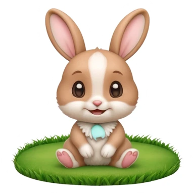 A cute 3D cartoon rabbit sitting on green grass, soft white fur, big ears, round eyes, and a cheerful smile, bright natural lighting, Memoji-style. sticker