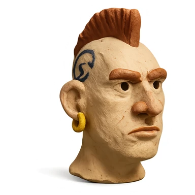 claymation style head of a white man with mohawk, earring, and head tattoo sticker