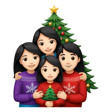 Generate Christmas-style emojis  family. Where light-skinned people stand near the tree all together, hugging and smiling. One girl should be light-skinned with black long hair. Add 4 people: Mother, Sister, Sister, Brother sticker