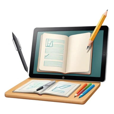 Colourfull Illustration icon, pencil, paintbrush, gel pen, graphic tablet or monitor with digital illustration, open book with sketches, minimalistic style, clean lines, transparent background. sticker