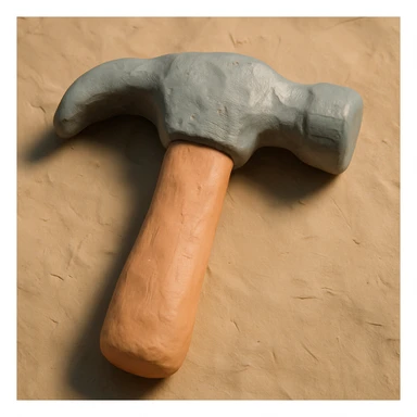 A claymation hammer with a wooden handle and a metallic head, matte texture with visible fingerprints, pastel colors sticker