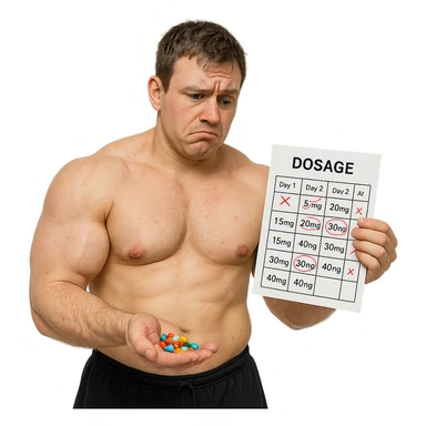 realistic beginner bodybuilder with swollen but asymmetric muscles, holding handful of colorful pills, doubtful look, dosage chart full of errors, white background, 4K quality sticker