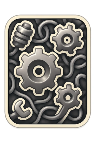 Dense, swirling greyscale card back of gears, wires, and mechanical forms in emoji style, no color, only shades of grey. sticker
