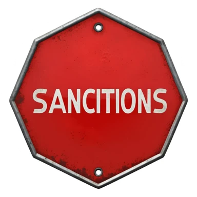 red, road sign, hexagonal, with the inscription SANCTIONS sticker