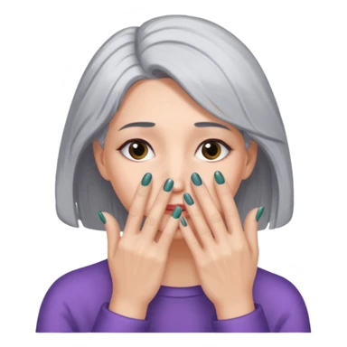 woman with gray hair and hand covering face sticker