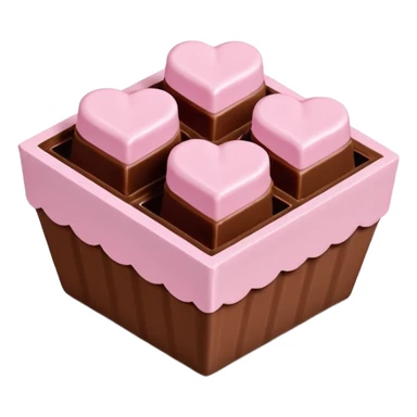 Two square milk chocolate 2 pralines only, Each praline is a sharp-edged cube with smooth glossy chocolate coating, placed in a small white fluted paper candy cup. On top of each cube is a flat pastel pink heart-shaped icing, thin and smooth, slightly translucent, with fine sugar crystal sparkle. sticker