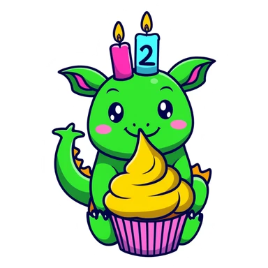 dragon with 1 line smiley eyes, blowing out candles on a cloud cupcake, in a 'making a wish' pose sticker