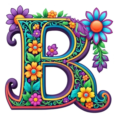 3D, gothic style psychedelic colored Letter “F” with hippie style flower border sticker