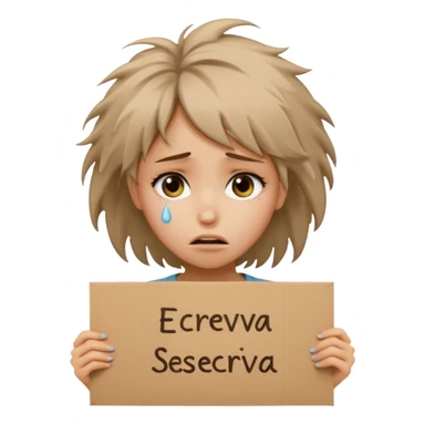 Sad realistic emoji of a young woman with messy hair, holding a cardboard sign that says "ESCREVA-SE", emotional begging expression, cinematic lighting, shallow depth of field, soft blurred background, high detail, viral social media style sticker