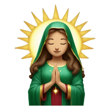 Virgin Mary: kind face looking down at the left, long brown hair, Wearing an emerald green  robe with gold stars and a burgundy red dress,  Hands in prayer or blessing. Halo around her head. standing in front of a big sun.  sticker