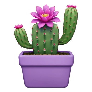 One ceramic pot in pastel violet, square, and tall, containing a flowering cactus. sticker