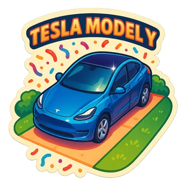 A Tesla Model Y parking in a home driveway with grass on the sides, from above, with confetti sticker