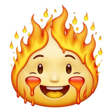 A high-resolution, surreal emoji face with a transparent background. The emoji is simultaneously grinning, crying, and melting while on fire.  sticker