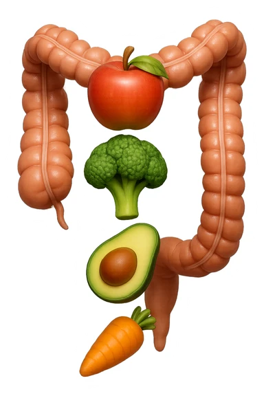 emoji stile iphone in 3d di cibo sano che fluttua in aria vericalmente insieme a pezzi di colon umano anatomico, iperrealistico 4k sticker