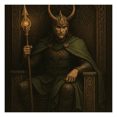 Loki sitting on a throne, wearing a horned crown, green cape, scepter in hand, Norse mythology style sticker