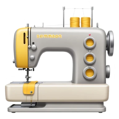 Emoji of a modern sewing machine inspired by a Brother machine. Soft, rounded shapes in the style of Apple emojis, with subtle gradients and soft shadows. White body with light gray details, a yellow spool on top sticker