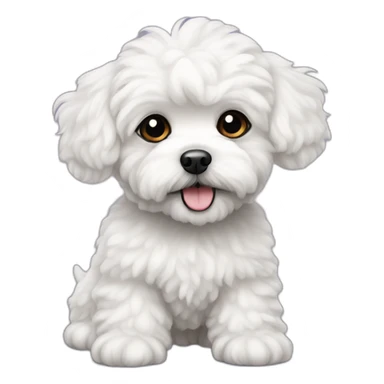 White Maltipoo dog with black right ear sticker