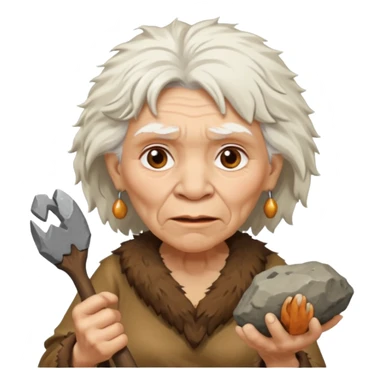 cartoon old woman Neanderthal with messy white hair and stone tool sticker
