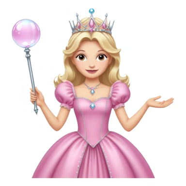 glinda the good witch from wicked movie, blonde hair, beautiful, big silver thin tiara, bubble wand, pink gown sticker