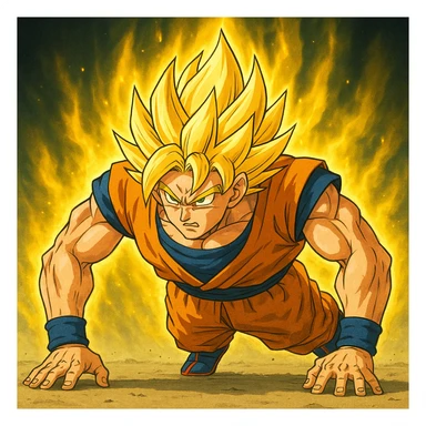 Edit the image of Goku from Dragon Ball Z doing push ups to depict him as Super Saiyan with glowing golden hair and a radiant golden aura, maintaining the same style as the original image. sticker
