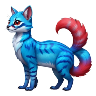 Cute kawaii cool edgy badass  vibrant cyan-cobalt-blue-to-crimson-red gradient-colored iridescent glossy fur  fantasy-caracal-civet-genet-sergal-vernid-Gryphon-Cacomistle-Trico-oncilla-animal-Fakémon-hybrid-fursona (full body), facial markings, (realism style) sticker