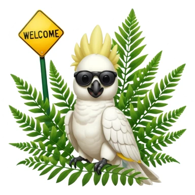 sulfer crested cockatoo wearing sunglasses sitting in a green fern tree with an australian street sign saying 'welcome to cockatoo' sticker