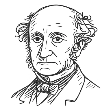 a hand drawn black outline portrait of philosopher John Stuart Mill with similar-sized eyes based a famous portrait of him sticker
