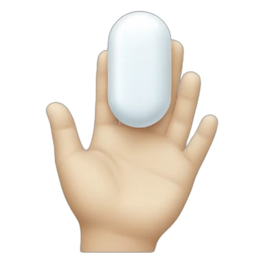white hand, holding a white pill sticker