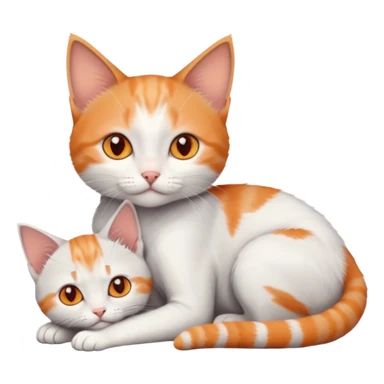 full body of very small + skinny ginger and white kitten with deep orange eyes and triangular shaped face lying down cuddling a grey and white kitten who is a bit bigger than him sticker