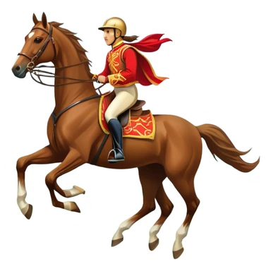 An icon showcasing a majestic horse and rider in full gallop across a lush green field. The background features a clear sky, distant mountains, and a vibrant landscape. The rider wears traditional gear, while the horse leaps with grace and power. Transparent background sticker