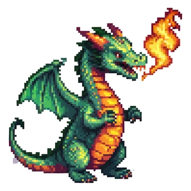 pixel art dragon, green scales, breathing fire sticker