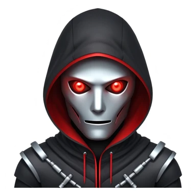 Evil robot hacker with glowing red eyes, dark hood, binary code, sinister expression sticker