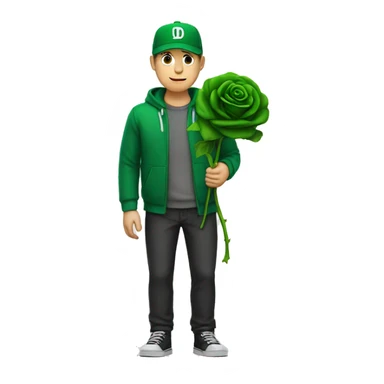 an white man stands still with a "D" written green cap and clothes holds a black rose sticker