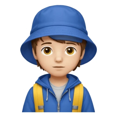 Little student, brown hair boy, wears blue bucket hat and jacket, yellow backpack, shy sticker